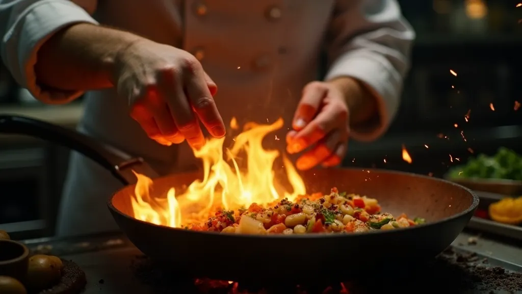 Moody kitchen b-roll of a chef tossing a flaming pan