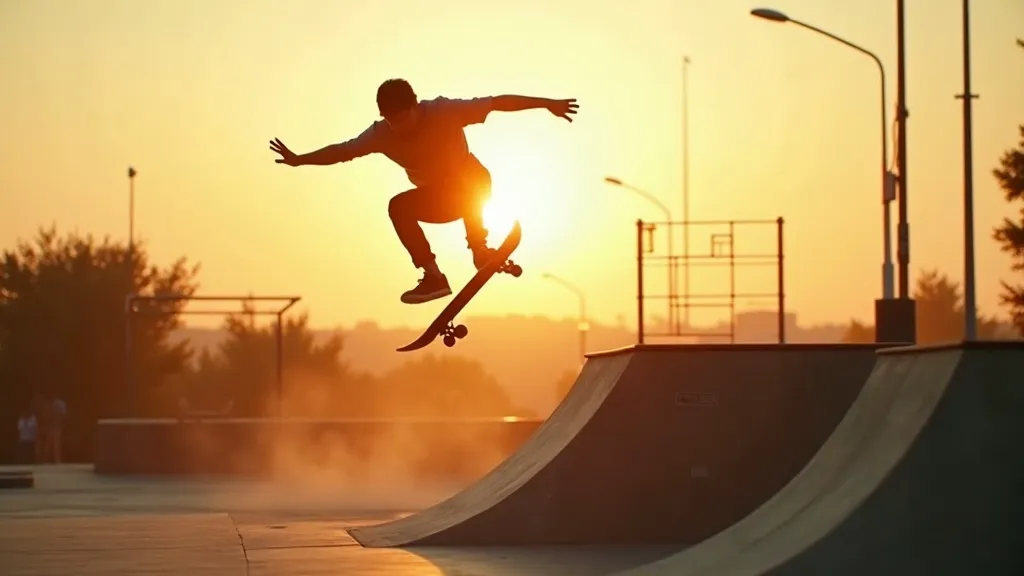Skateboarder mid-air at golden hour